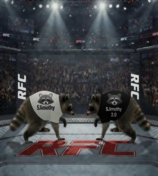 UFC octagon cage photoshopped with two raccoons wearing shirts that say '$Jimothy' and '$Jimothy 2.0', facing off in a fighting stance with a red 'RFC' logo on the floor.