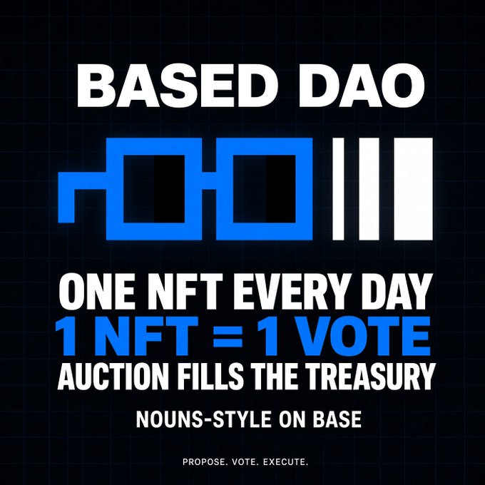 A promotional graphic for "BASED DAO" featuring pixel-art glasses and the text "ONE NFT EVERY DAY, 1 NFT = 1 VOTE, AUCTION FILLS THE TREASURY, NOUNS-STYLE ON BASE," reinforcing the post's message of a Nouns-style DAO on Base where each daily NFT grants one vote and auction proceeds fund the treasury for onchain governance.