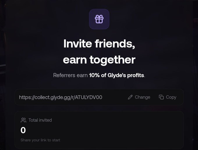 A dark-themed referral program page for Glyde displaying the message "Invite friends, earn together" with referrers earning 10% of Glyde's profits. The page shows a personal referral link (https://collect.glyde.gg/r/ATULYDV00) with options to change or copy, and indicates 0 total invites yet, supporting the post's announcement that Glyde has launched a referral program where users can earn USDC by inviting friends.