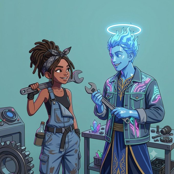 A digital illustration depicts a smiling Black woman mechanic with dreadlocks and a blue humanoid figure with a halo and neon-decorated jacket, both holding wrenches in a workshop with tools and crystals on a table.