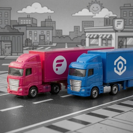 Two toy delivery trucks—one pink and one blue—displaying different logos, parked on a drawn street with a sketched grayscale cityscape in the background.