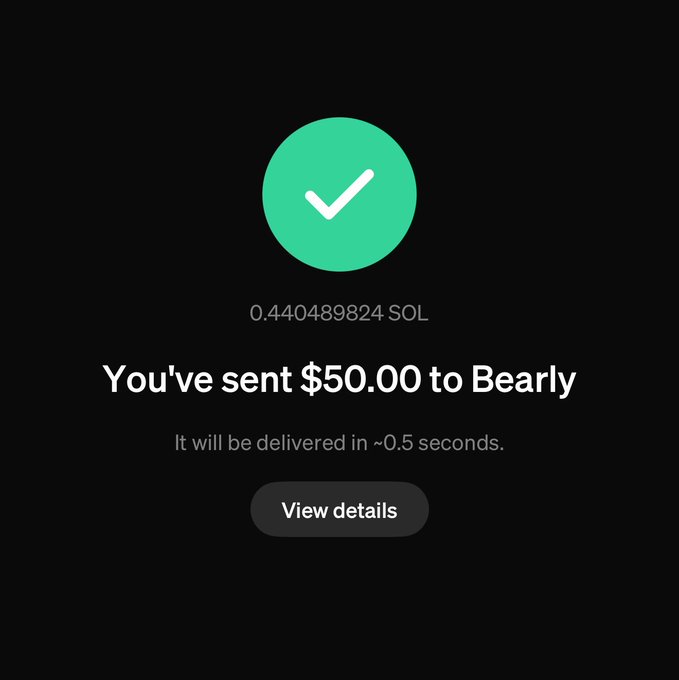 A transaction confirmation screen showing "You've sent $50.00 to Bearly" with a green checkmark, converting to 0.440489824 SOL and delivering in ~0.5 seconds. The image ties to the post's message about unexpected support, as the sender appears to have tipped Bearly $50 as part of the "MoonPaid" gesture mentioned.