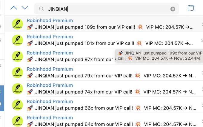 A Telegram search result showing multiple messages from "Robinhood Premium" channel, all highlighting $JINQIAN token with various "pumped" multipliers (ranging from 64x to 109x), consistent with the post promoting the token as having reached 70m market cap with 15.7x gains from the bot's entry at 4.45m.