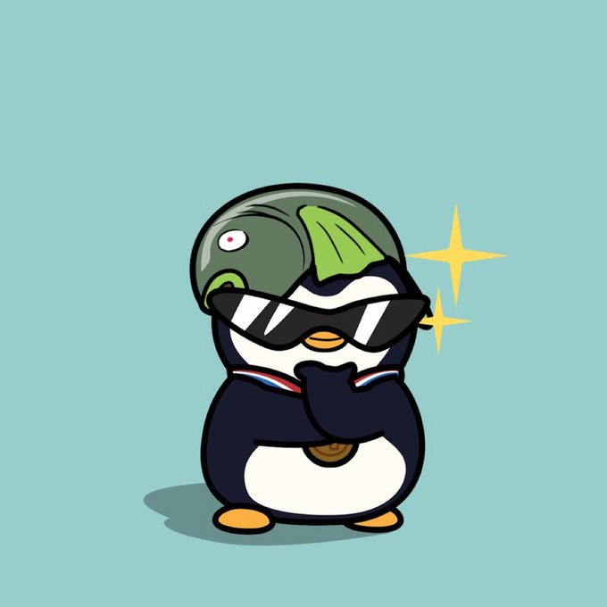 A cartoon penguin wearing sunglasses and a green military-style helmet stands against a teal background, with yellow sparkles near its face.