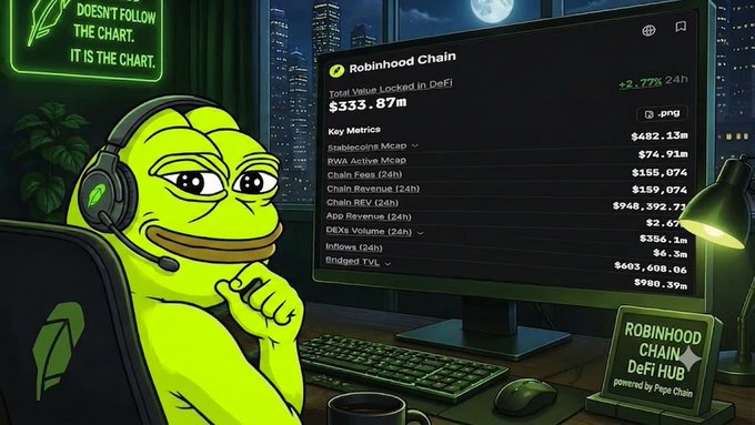 A Pepe the Frog meme wearing headphones sits at a desk in front of a monitor displaying Robinhood Chain DeFi Hub metrics, including $333.87m Total Value Locked, with a sign reading 'Don't Follow The Chart, It Is The Chart.'