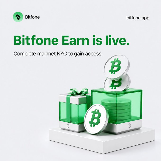 A promotional graphic for Bitfone Earn displays the text "Bitfone Earn is live. Complete mainnet KYC to gain access." alongside 3D-rendered Bitcoin coins and a green gift box on a pedestal, visually reinforcing the message that a new rewards feature has launched on the bitfone.app platform.