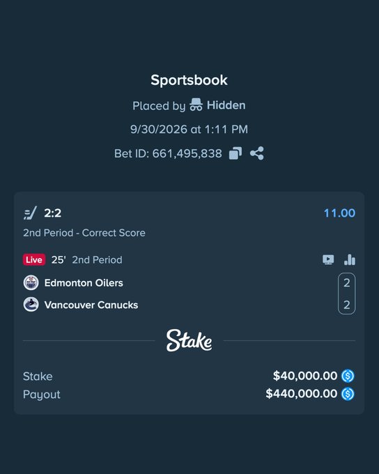 A sportsbook bet slip on Stake shows a hockey bet on Edmonton Oilers vs Vancouver Canucks (2-2), with a $40,000 stake placed at 11.00 odds for a $440,000 potential payout, dated 9/30/2026.
