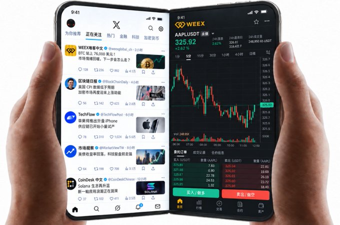 A pair of hands holding a foldable smartphone displaying the WEEX cryptocurrency exchange app showing the AAPLUSDT trading pair chart at 325.92 on the left screen, with a social media feed on the right.