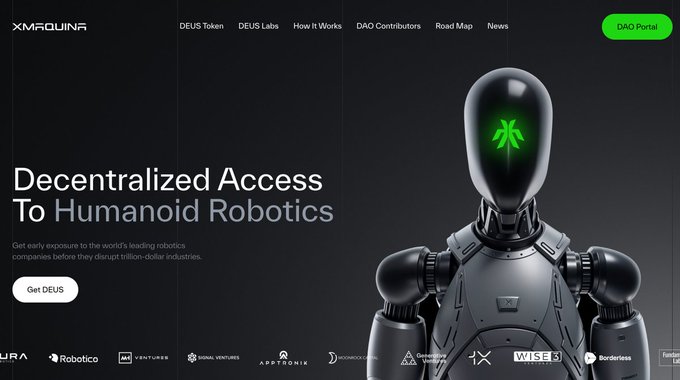 A website landing page for XMAGQUINA featuring a sleek black humanoid robot with glowing green eyes and the heading 'Decentralized Access To Humanoid Robotics' alongside a 'Get DEUS' button.