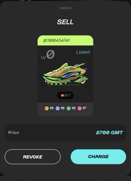 A digital sneaker marketplace "SELL" listing for #3004547a1 (a green running shoe) priced at 2700 GMT with 3/7 likes. The image confirms the post's offer, showing the REVOKE and CHANGE buttons to manage this 2700 GMT listing for the all-L L-focused runner.
