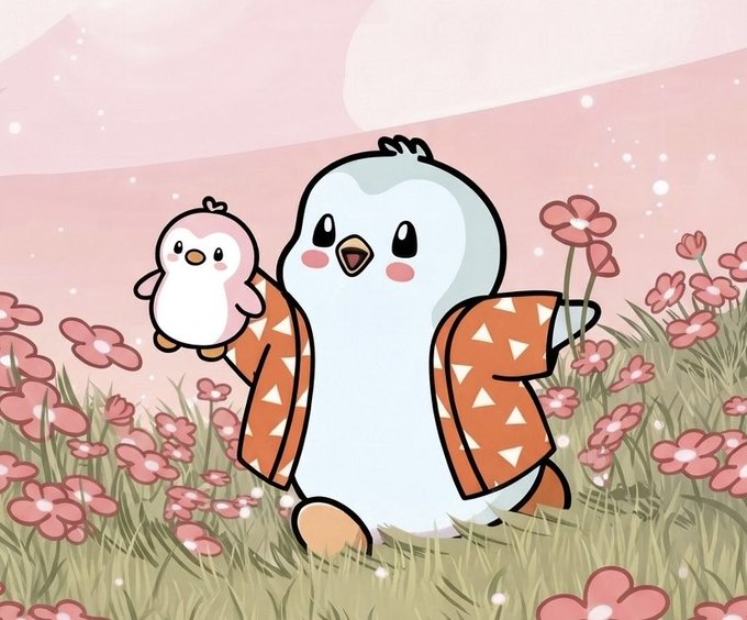 Cute cartoon illustration of two penguins in a field of pink flowers under a pink sky, with the larger penguin wearing an orange and white triangle-patterned jacket.