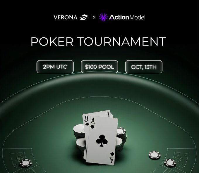 An event banner for a 'POKER TOURNAMENT' hosted by Verona x ActionModel, scheduled for 2PM UTC with a $100 pool on October 13th, featuring an image of pocket aces and poker chips on a green table.