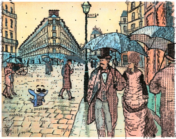 A stylized mixed-media illustration depicts a Parisian street scene with Victorian-era figures, an umbrella, and a street lamp, with a small blue cartoon character labeled "popkin" in the foreground and various words like "paris," "walk," and "c" scattered throughout.