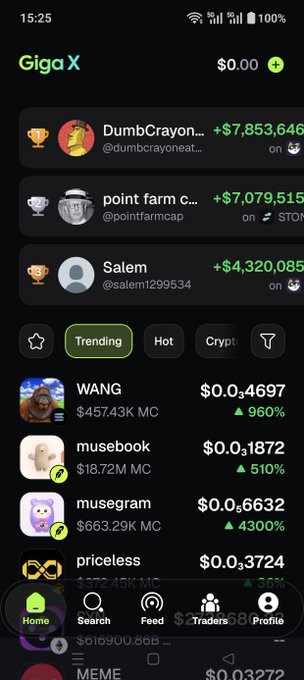 Screenshot of a mobile app showing a leaderboard/trending page for "Giga X" where users like "DumbCrayon" ($7,853,646), "point farm c..." ($7,079,515), and "Salem" ($4,320,085) appear at the top, with a "Trending" tab below displaying crypto tokens like WANG ($0.04697, +960%), musebook ($0.03187, +510%), musegram ($0.06632, +4300%), and priceless ($0.03724). The image relates to the post by showing a crypto/gambling-style platform that appears to be promoting AI-related tokens and trading activity, which contrasts with the post's discussion of $Orus as an autonomous AI agent on Robinhood.