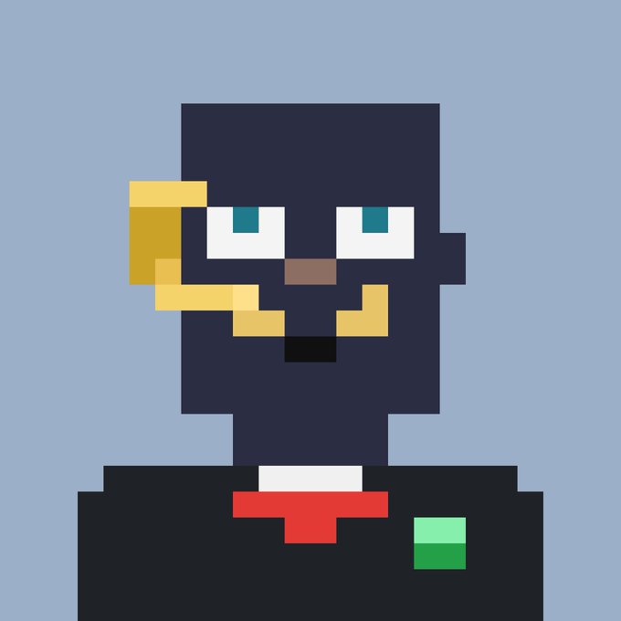The image shows a pixel art character with a blue face, glowing white eyes, a golden mustache, and a black suit with a red bow tie and green accent, set against a light blue background. The post indicates that this NFT character sold for 11 ETH (approximately $21,000), with the image serving as the artwork of the tokenized digital collectible.