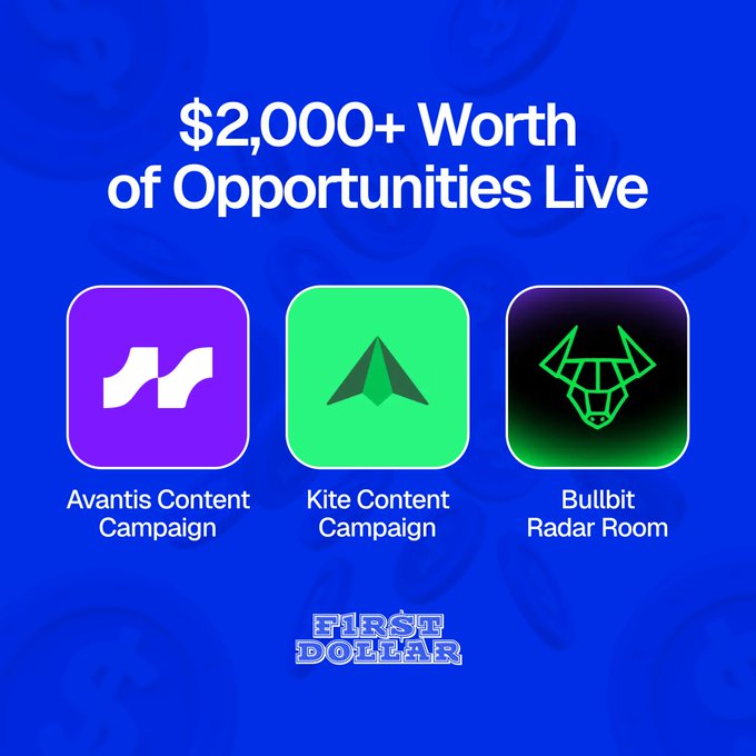 An advertisement from First Dollar promoting '$2,000+ Worth of Opportunities Live' including the Avantis Content Campaign, Kite Content Campaign, and Bullbit Radar Room.