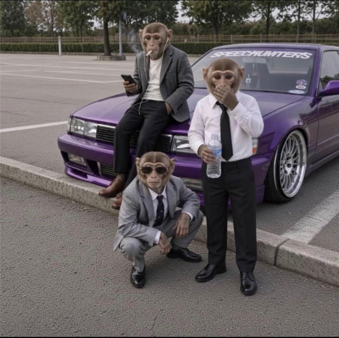 A humorous AI-generated image showing three monkeys dressed in business suits posing with a purple sports car that has 'SPEEDHUNTERS' written on the windshield.