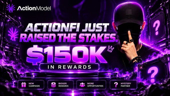 A promotional banner for ActionModel reads "ACTIONFI JUST RAISED THE STAKES. $150K IN REWARDS," featuring a masked figure surrounded by purple smoke and question marks.