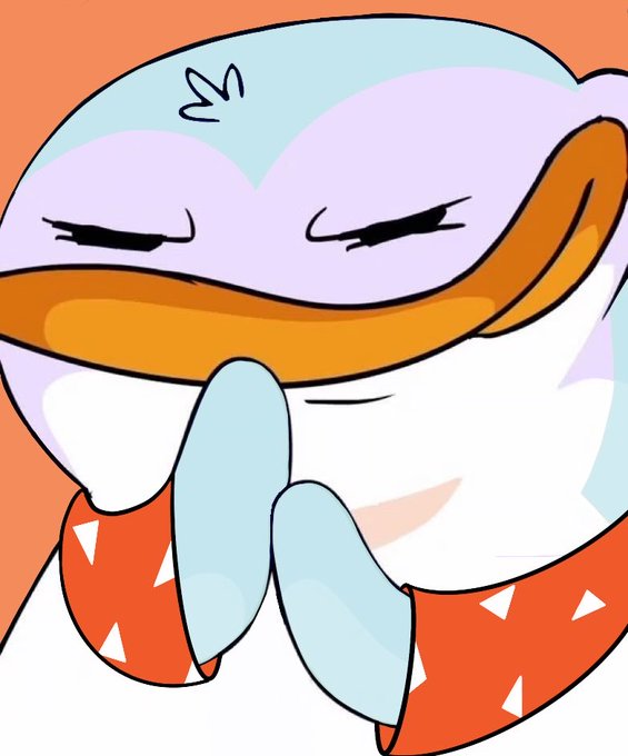 A cartoon illustration of a cute penguin-like character with closed eyes and flippers pressed together in a praying or meditating pose, wearing a red scarf with white triangles.