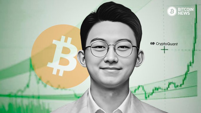 A young man with glasses is shown in a black-and-white portrait in front of a green-toned background featuring the Bitcoin logo, a rising price chart, and the "Bitcoin News" and "CryptoQuant" logos. The image relates to the post by illustrating the subject matter of the analysis—short-term holder whale profits tracked by CryptoQuant on Bitcoin.