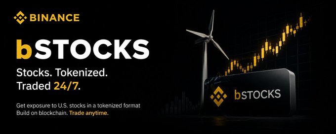A promotional banner for Binance bStocks featuring the Binance logo, the tagline "Stocks. Tokenized. Traded 24/7," and the message "Get exposure to U.S. stocks in a tokenized format. Build on blockchain. Trade anytime," alongside imagery of a wind turbine and rising stock chart. The image visually reinforces the post's message by highlighting 24/7 trading and blockchain-based stock exposure as an alternative to traditional market hours.