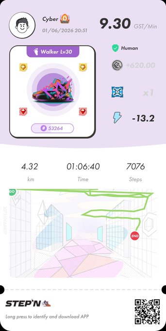 The image shows a screenshot of an app called "StepN Go", which appears to be a fitness tracking application. The app displays information about the user's progress, including their steps taken, calories burned, and distance traveled. It also features a map that allows users to follow a route or track their movements in real-time. The image includes text that reads: "I hope they add the enhancement feature to STEPN GO as soon as possible... #STEPNGO". This suggests that the app may have some bugs or issues, and the user is hoping for improvements to be made.