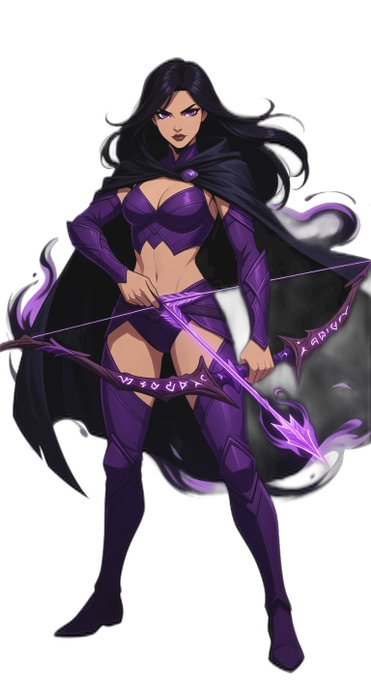 An illustration of a dark-haired female archer wearing purple armor and a black cape, wielding a glowing purple bow.