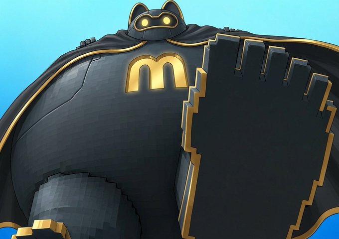 A stylized digital illustration of a massive, blocky black and gold robot or mech character with glowing yellow eyes and a yellow 'm' logo on its chest, set against a bright blue sky.