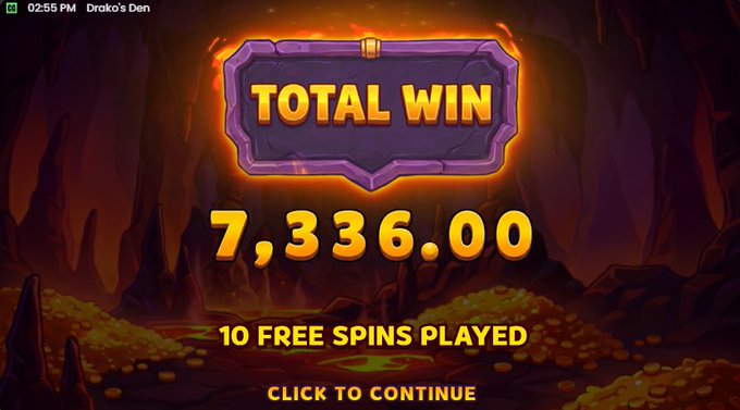 A "Total Win" screen from Droko's Den slot game displays a payout of 7,336.00 after 10 free spins played, tying into the user's promotional post encouraging others to sign up at yeet.com using their affiliate link.