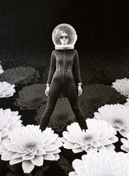 A vintage black-and-white photo of a woman in a dark bodysuit wearing a clear bubble space helmet and sunglasses, standing among large white flowers.