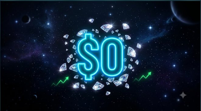 A neon glowing blue "$0" sign surrounded by sparkling diamonds floats in a dark space scene with stars, planets, and green upward-trending stock arrows.