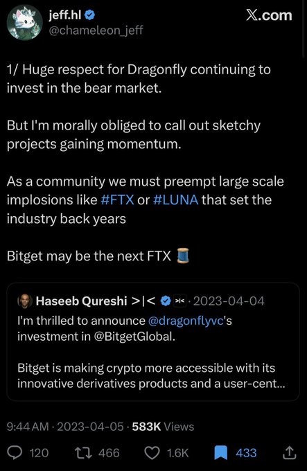 A 2023 tweet from @chameleon_jeff praising Dragonfly's investment while warning that Bitget "may be the next FTX," quoting Haseeb Qureshi's announcement of Dragonfly's investment in Bitget Global—contextualized by the caption noting the Bitget CEO previously predicted Hyperliquid would be the next FTX before Bitget itself became embroiled in a "$350 million theft drama."