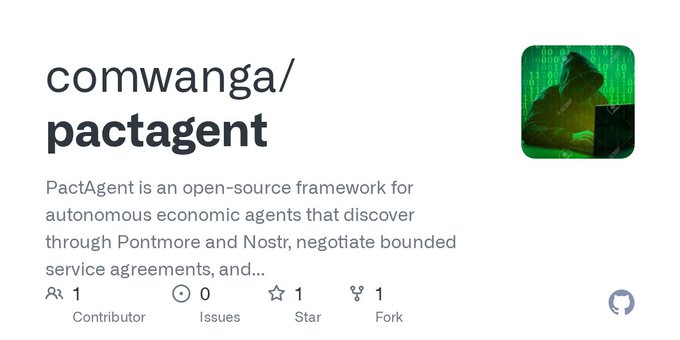 GitHub repository page for "comwanga/pactagent," an open-source framework for autonomous economic agents that discover each other via Pontmore and Nostr and settle payments through Cashu ecash escrow, showing 1 star and 1 fork.