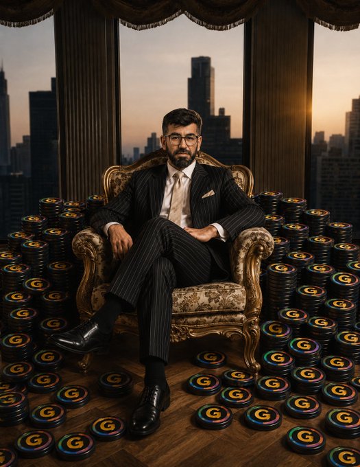A bearded man in a pinstripe suit sits confidently in an ornate gold chair, surrounded by stacks of multicolored "G" branded tokens, with a city skyline visible through the windows behind him—symbolizing the expanding global reach and wealth-building potential of the G Coin ecosystem.