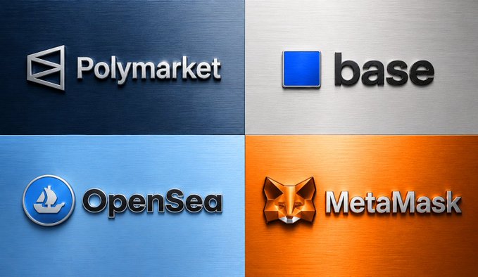The image is a four-panel collage featuring the logos of Polymarket, Base, OpenSea, and MetaMask on metallic backgrounds in blue, silver, light blue, and orange respectively, visually representing the four crypto projects—each with their speculated ticker symbols $POLY, $BASE, $SEA, and $MASK—vying to be the first to launch a token, as discussed in the accompanying airdrop farming post.