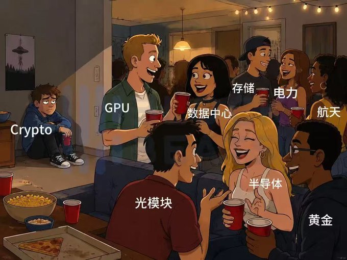 An animated illustration of a lively house party where guests are labeled with various investment sectors, including 'GPU', 'Crypto', '数据中心' (Data Center), '存储' (Storage), '电力' (Power), '航天' (Aerospace), '光模块' (Optical Modules), '半导体' (Semiconductor), and '黄金' (Gold).