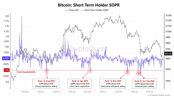 "Short-Term Holder SOPR (STOP) is currently near 0.995, meaning short-term participants are still realizing mild losses. But the metric has not broken below the key panic threshold of 0.95." This indicates that there is a significant decline in the cryptocurrency market, which could possibly be due to some fundamental issues or external factors such as economic or political instability. It is crucial for investors and users of cryptocurrencies to stay informed about these developments and make well-informed decisions based on their risk appetite and investment strategies.