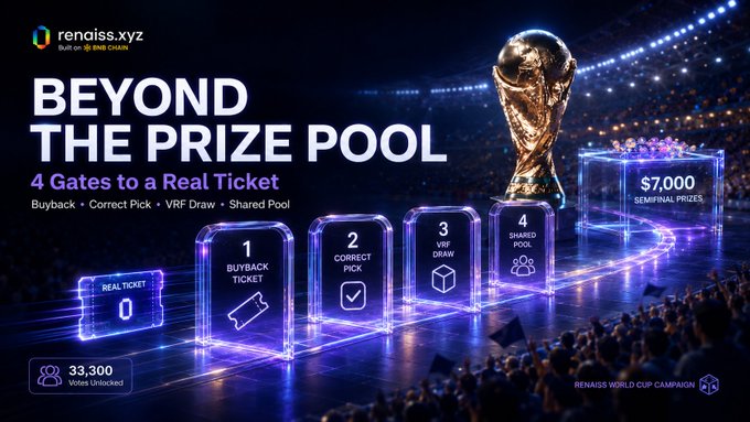 A promotional graphic titled 'BEYOND THE PRIZE POOL' featuring the FIFA World Cup trophy, advertising a campaign on renaiss.xyz built on BNB Chain with $7,000 in semifinal prizes and 33,300 votes unlocked.