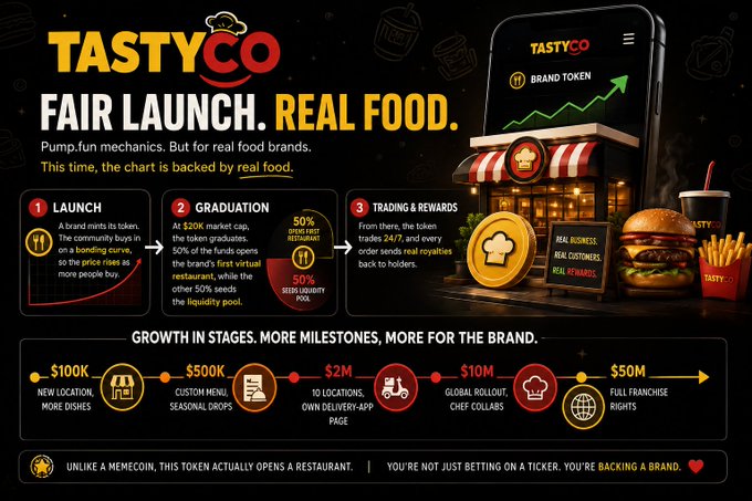 A promotional graphic for 'TASTYCO' advertises a fair launch token, featuring illustrations of a restaurant, burger, and fries, along with growth stages from $100K to $50M.