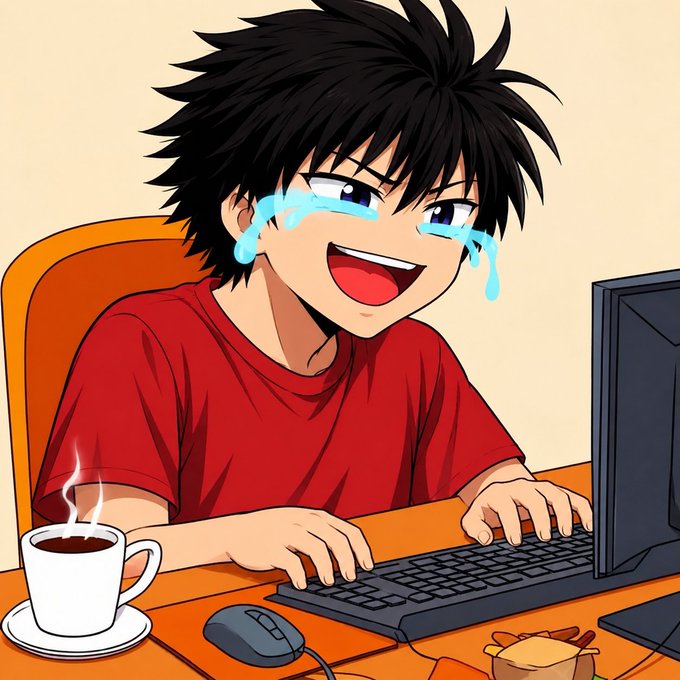 An anime-style illustration of a smiling young man with messy black hair crying tears of joy while typing on a computer keyboard, sitting at a desk with a steaming cup of coffee.