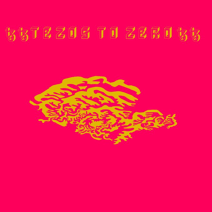 A hot pink background features the stylized text "ꜩꜩ TEZOS TO ZERO ꜩꜩ" in a glitchy, golden font across the top, with an abstract, fiery golden graphic in the center. The image aligns with the accompanying post by serving as promotional artwork for a Tezos NFT on the Objkt marketplace, emphasizing a bearish "to zero" sentiment toward the cryptocurrency.