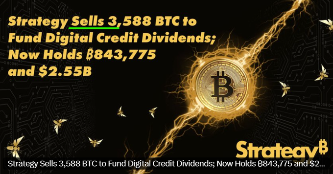 A dramatic graphic features a glowing golden Bitcoin encircled by lightning bolts against a dark, circuit-board background, with the headline "Strategy Sells 3,588 BTC to Fund Digital Credit Dividends; Now Holds 843,775 and $2.55B." The image contrasts the typical energetic "buy" imagery of Bitcoin announcements with Strategy's actual announcement of selling BTC to fund dividends, reinforcing the post's observation that this news feels incongruous.