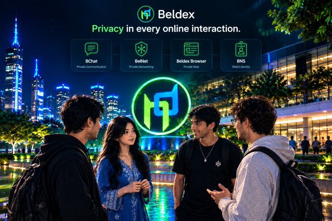 A promotional graphic for Beldex featuring the tagline 'Privacy in every online interaction' alongside icons for BChat (Private Communication), BelNet (Private Networking), Beldex Browser (Private Web), and BNS (Web3 Identity), with four young people conversing in a nighttime cityscape.