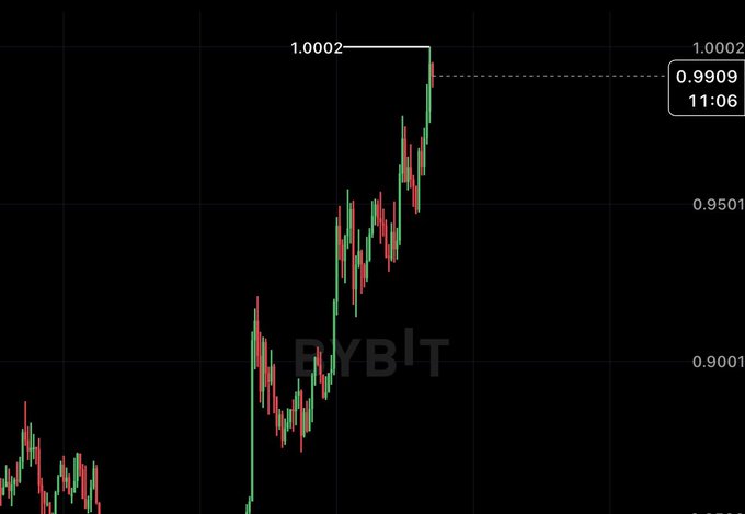 A Bybit candlestick chart showing price movement reaching 1.0002, with a current price indicator at 0.9909.