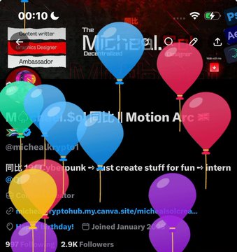A celebratory social media post featuring colorful balloons on a phone screen shows "mcheikhayachi" announcing their 4th year in Web3 alongside a birthday message about personal growth and perseverance. The festive balloons in the image visually echo the joyful "Happy birthday to me" sentiment of the post.