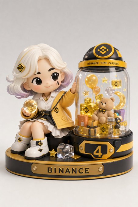 The image features a small figurine of a girl sitting next to a glass jar filled with gold balls, which appears to be a miniature version of a fortune teller's crystal ball. The figurine has blonde hair and is wearing a yellow dress. The text "binance" can also be seen in the image. The post seems to be promoting or discussing this unique figurine as an item for sale on Dappos, possibly related to the fortune teller theme of the crystal ball.
