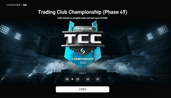 The image shows an advertisement for a Trading Club Championship that has just kicked off with an invite-only phase. The main focus of the image is a banner displaying information about the trading club, including its logo, name, and purpose. There's also a list of prizes available in the prize pool, which will be up for grabs when the club announces its results at the end of the event.