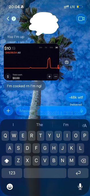 A screenshot of an iMessage conversation showing a stock chart with a dramatic drop, messages reading 'Yoo I'm up', 'I'm cooked rn I'm ngI', and 'OMG', ending with '-48k wtf'.