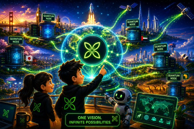 The image features animated characters, including a boy pointing toward a glowing quantum-themed Earth surrounded by "QUANTUM NODE" hubs connecting global landmarks like the Golden Gate Bridge, Burj Khalifa, and Sydney Opera House, with the tagline "ONE VISION. INFINITE POSSIBILITIES." It visually represents @quipnetwork's ambitious vision of uniting quantum computers worldwide through a unified network, symbolizing the post's message about transcending traditional blockchains to build a globally connected quantum infrastructure.