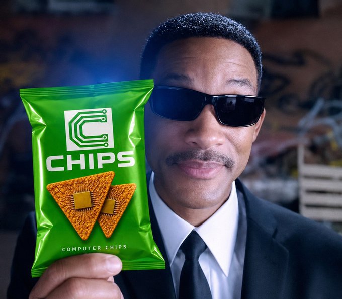 Will Smith holds up a green bag of "C CHIPS COMPUTER CHIPS," visually punning on the post's joke about "gChips" and the Biden laptop scandal being "priced in," with the chip imagery (featuring computer processors inside tortilla chips) mocking the "Hunter Biden laptop" news cycle in meme fashion.